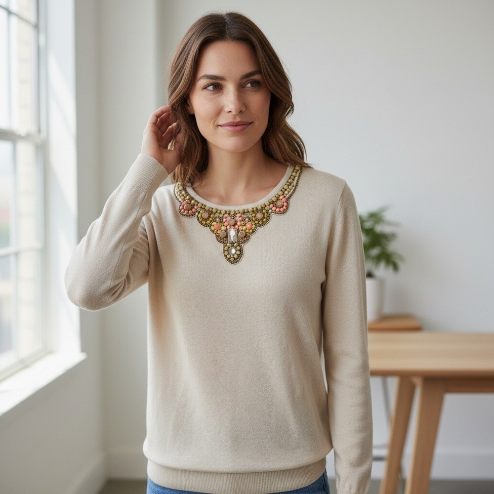 Blank London Beaded Embellished Sweater Crew Neck Cream Long Sleeve Knit Size M